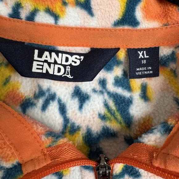 Land's End Women's XL Floral Print Qrt Zip Pullover Fleece Orange/Blue Flowers - Picture 5 of 8